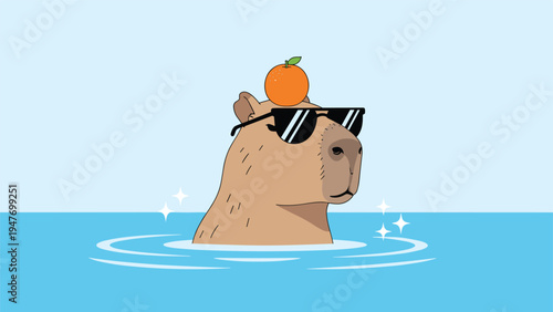 Chill capybara wearing sunglasses swimming in blue water with a fresh orange balanced on its head in a cute illustration for summer designs.