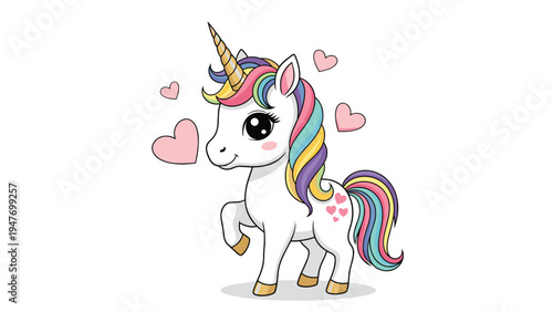 Enchanting white unicorn with a rainbow mane and tail standing surrounded by pink hearts in a whimsical cartoon illustration for girls room.