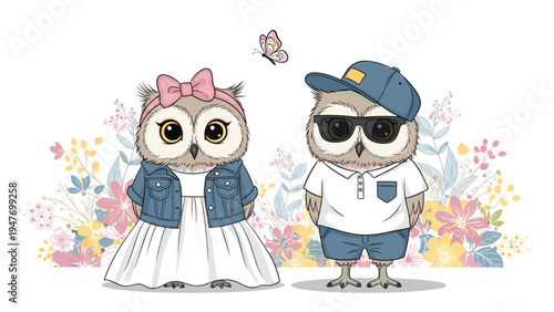 Stylish owl couple dressed in human clothes standing in front of a colorful flower garden in a whimsical and cute illustration for wedding card.