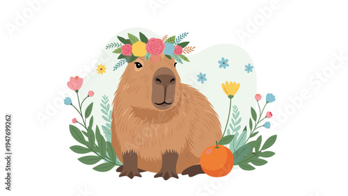 Majestic capybara character wearing a colorful flower wreath surrounded by plants and a fresh orange in a bright and vibrant nature illustration.