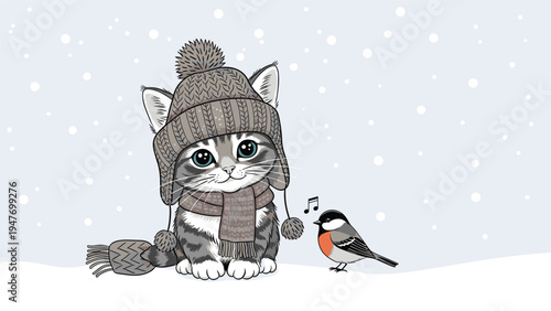 Adorable grey striped kitten wearing a knitted hat and scarf sitting in the snow and looking at a small singing bird in a winter landscape art.