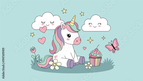 Small white unicorn sitting in a flowery field next to a cupcake with rainbow mane and tail under smiling clouds.