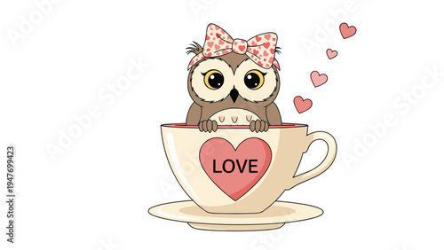 Pretty owl wearing a bow with heart patterns sitting in a teacup decorated with a pink heart and the word love.
