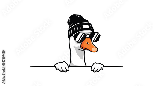 Trendy white goose wearing a black beanie and dark sunglasses peeking over a white horizontal edge or border.