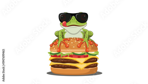 Cool green frog wearing black sunglasses sitting on top of a large double cheeseburger with lettuce and tomatoes.