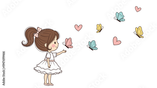 Little girl in a white dress reaching out to colorful butterflies and floating hearts in a clean white background.