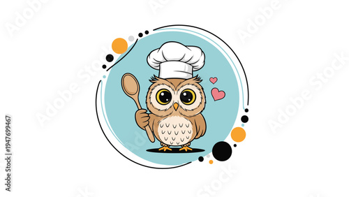Professional chef owl wearing a white toque hat and holding a large wooden spoon inside a blue circle with hearts.