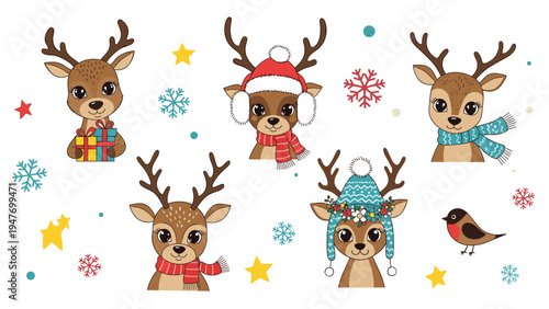 Collection of six cute reindeer faces wearing various winter hats and scarves with snowflakes and stars around them.