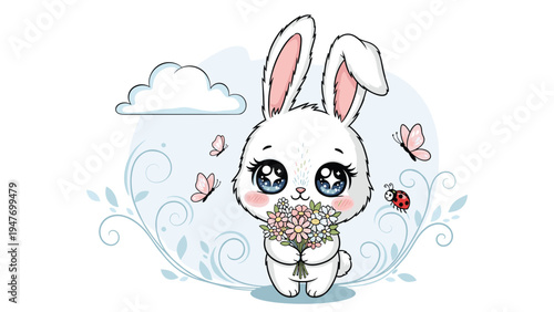 Sweet white bunny with big sparkly eyes holding a bouquet of flowers surrounded by butterflies and a ladybug.
