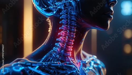 3D medical human spine anatomy glowing blue futuristic technology healthcare innovation