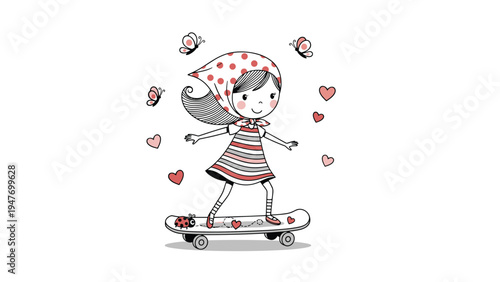 Energetic young girl wearing a polka dot headscarf and striped dress glides happily on a skateboard surrounded by hearts.