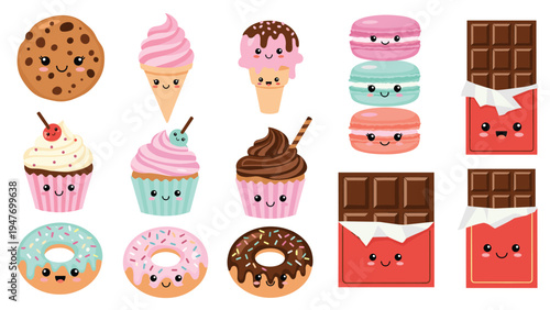 Assorted kawaii sweets featuring cookies, cupcakes, donuts, and chocolate bars with cute happy faces on a white background.