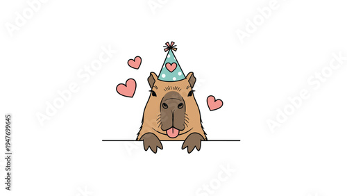 Friendly capybara wearing a blue party hat with a pink heart peeks over a edge surrounded by floating love hearts.
