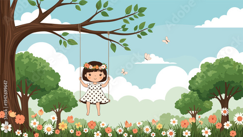 Peaceful illustration shows a young girl in a flower crown sitting on a tree swing in a lush, blossom filled forest.