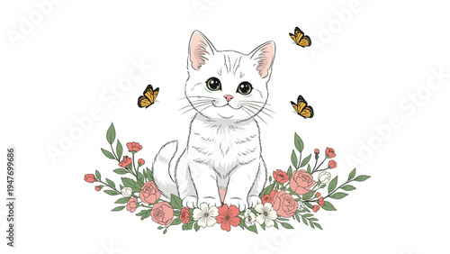 Pure white kitten sits peacefully among blooming pink and white roses as yellow butterflies dance gracefully around it.