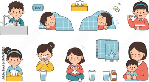 Sick children care routine vector illustration set showing hygiene rest medicine drinking water and parent care cartoon