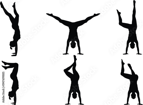 PGymnast handstand silhouettes set, acrobatic balance exercise poses athlete training fitness yoga vector illustration collectionint
