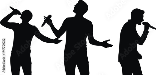 Singer performer silhouettes set, male vocalists holding microphone singing music concert vector illustration collection