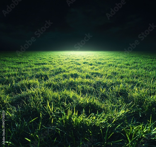 Vibrant green grass field illuminated by a bright light source under a dark, cloudy night sky evoking a mysterious and serene atmosphere