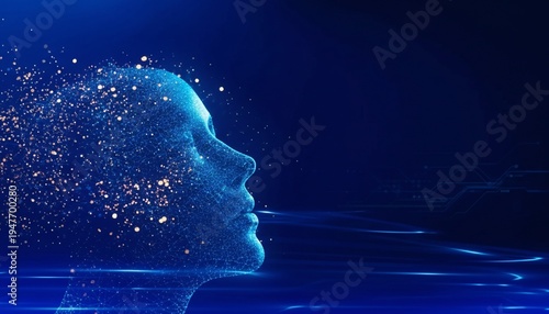 A digital illustration of a human head in profile made of glowing particles in a dark blue background
