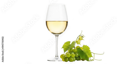 Elegant wine glass with green grapes on clean white surface isolated on transparent background