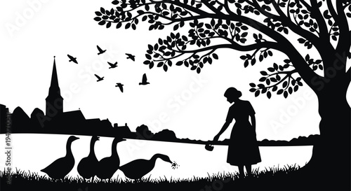 Woman feeding geese by lake silhouette scene, countryside nature landscape with birds tree vector illustration