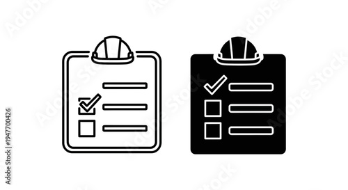 Two clipboards with checklists and hard hats on top in black and white
