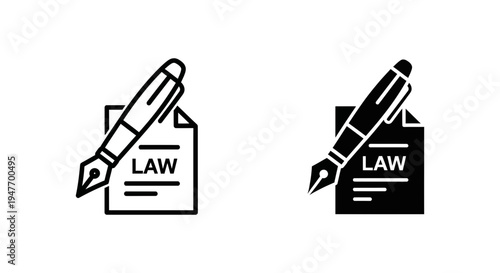 Black and white law icons with fountain pen on document vector illustration