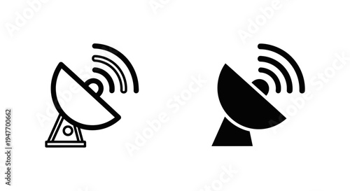 Black and white satellite dish icons with signal waves emitting