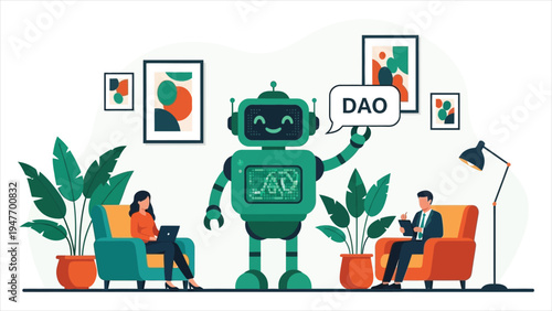 Decentralized Autonomous Organization (DAO) Concept with Robot and People Collaborating on Blockchain Governance in Modern Office