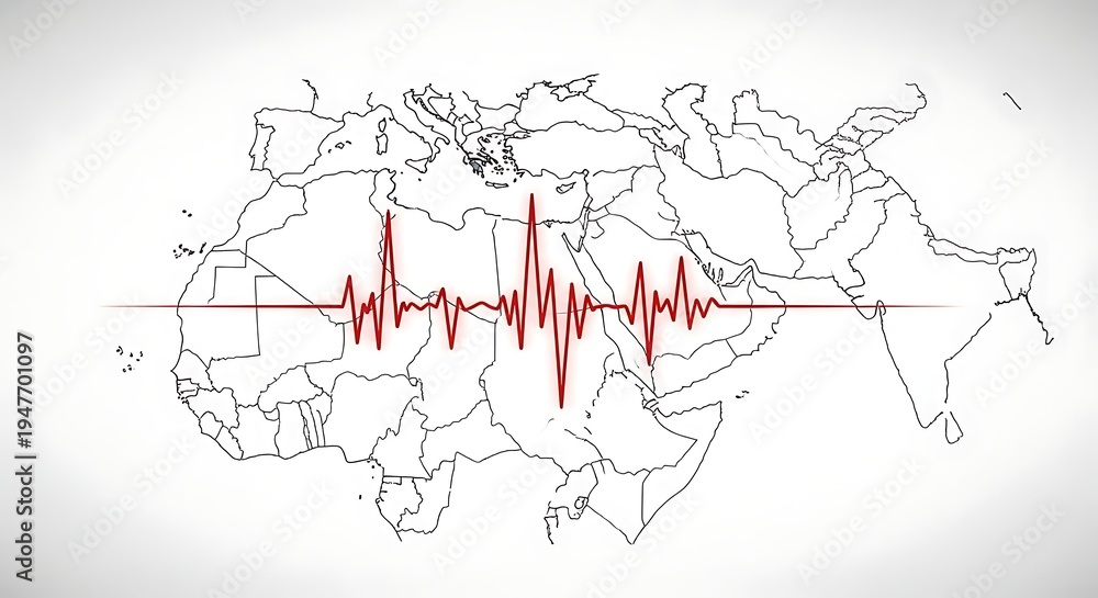 Obraz premium A red electrocardiogram waveform superimposed over a map of the Middle East and North Africa region.