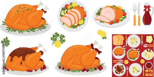 Roasted turkey dinner vector illustration collection with sliced turkey plates vegetables festive meal elements flat holiday food set