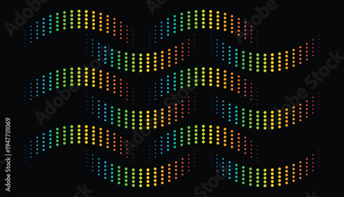 Abstract Multi-Colored Sound Wave Waveform on Black Background, Digital Equalizer Audio Frequency Spectrum and Rhythmic Dotted Pattern Vector Illustration