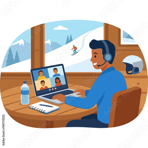 Man in blue shirt working on laptop during ski vacation with colleagues online