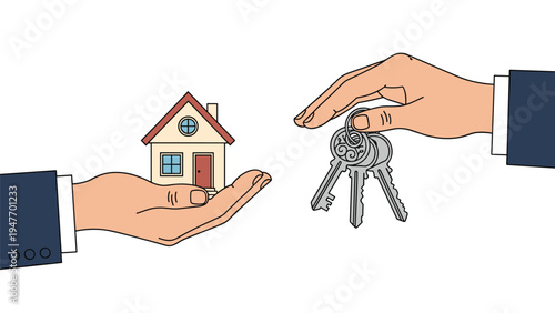 Successful real estate transaction showing one hand holding a house model and another hand offering a set of metal keys.