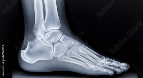 Detailed X-ray of a Human Foot and Ankle Showing Bones and Joints in High Contrast