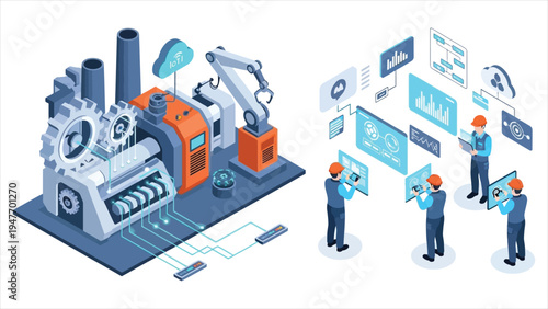 Isometric Smart Factory Illustration with Engineers Monitoring Industrial Automation, Robotic Arm, and Data Analytics for Industry