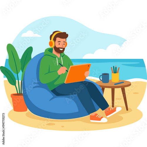 Man wearing headphones sits on beanbag chair at beach with laptop and coffee