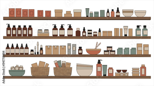 Organic Beauty and Skincare Products on Wooden Shelves, Flat Vector Illustration of Cosmetic Shop Display with Bottles, Jars, Essential Oils, and Natural Body Care Merchandise