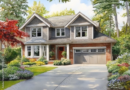 Inviting two-story suburban home with attached garage, paved driveway, manicured flowering front garden, mature trees, cozy porch and warm sunlight creating a serene welcoming feel