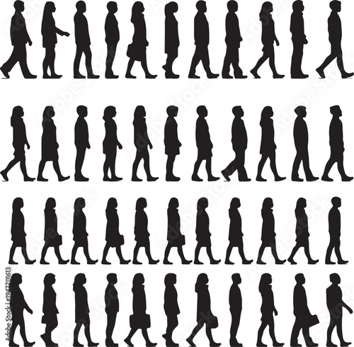 Sequential silhouettes of people walking in various styles and postures