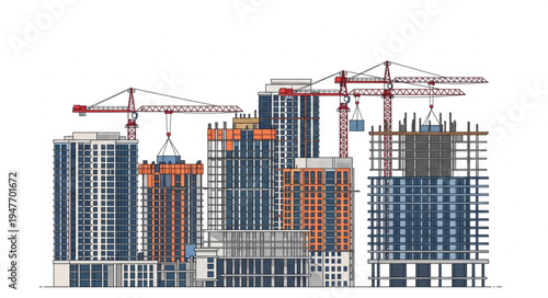 Modern Cityscape Under Construction with Cranes and Buildings.