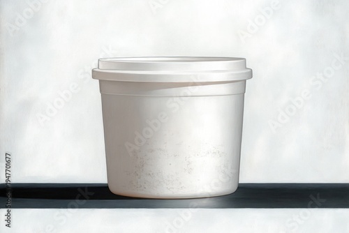 white disposable food container with lid on a dark shelf casting a soft shadow against a pale textured wall, quiet minimalist stillness