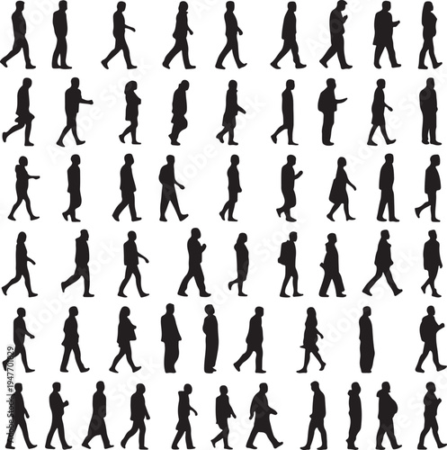 Sequential silhouettes of a person walking in various styles and postures
