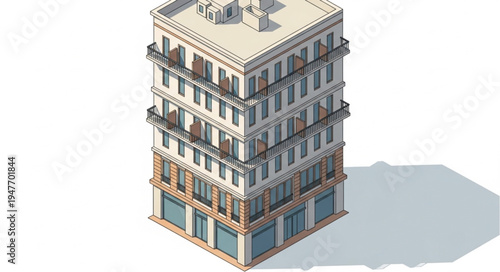 Isometric View of a Multi-Story Residential Building with Shops.