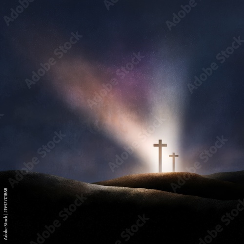 Two crosses silhouetted against a radiant beam of light, symbolizing hope and faith, casting a serene glow in a dramatic. ..Created with Generative AI, not depicting real subjects.