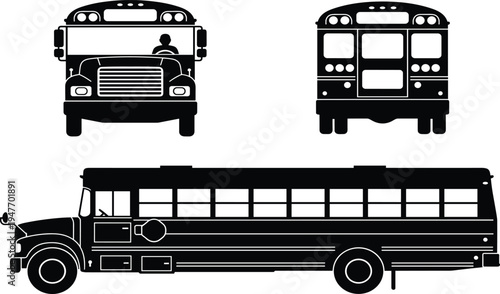 School bus silhouette set with front rear and side views isolated vector illustration for transportation education vehicle design