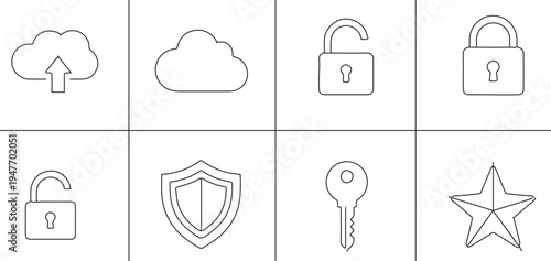 Set of vector icons for web design featuring a secure padlock and key symbol to represent cloud computing internet security and safe business information
