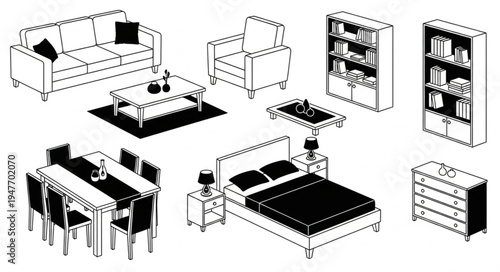 Collection of black and white furniture illustrations for interior design.