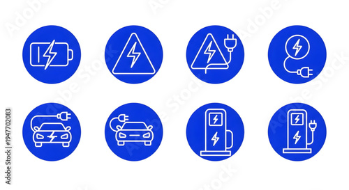 Set of 8 modern business and technology icons in flat design vector illustration on blue background